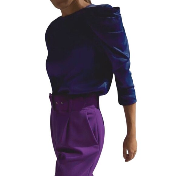 Zara Satin Effect Pleated Puff Shoulder Glossy  Blouse | XS | Royal Blue/Purple - Picture 14 of 16